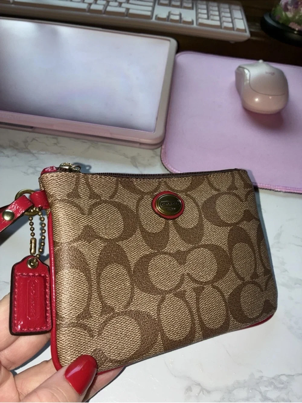 Coach Signature Canvas Wristlet in Khaki with Red Trim